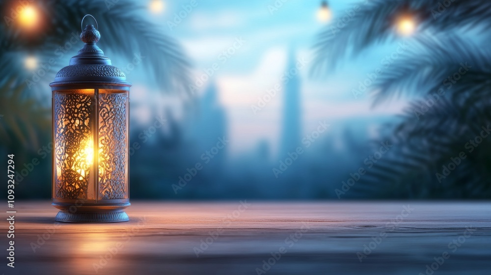 Poster intricately designed lantern illuminating a serene outdoor setting at dusk with blurred background o