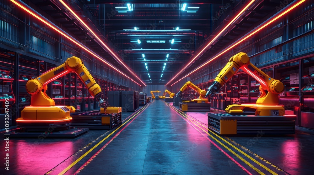 Poster automated robotics in a high-tech warehouse cloud data storage and cybersecurity networking innovati