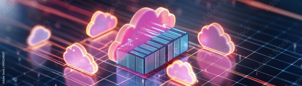 Poster innovative cloud data storage and cybersecurity solutions in a holographic data center futuristic ne