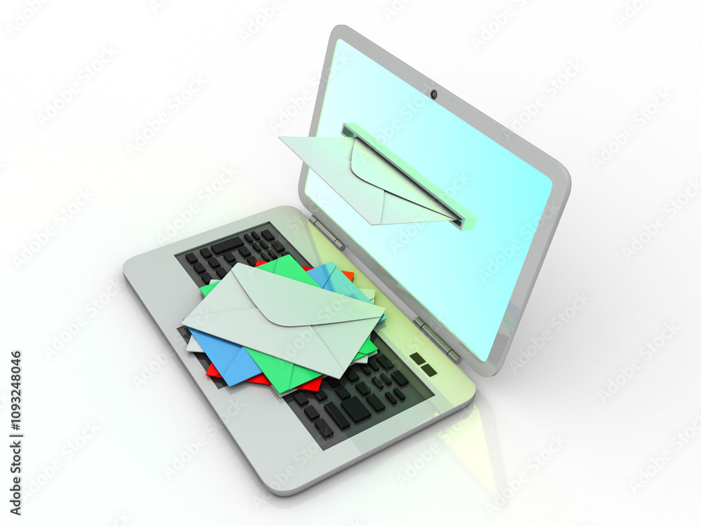 Poster 3d rendering laptops with mail envelops
