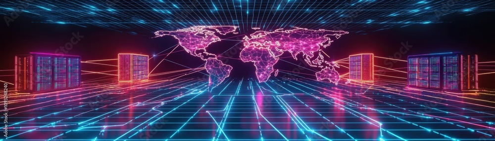 Poster global cybersecurity network data storage and cloud computing in a neonlit world map environment