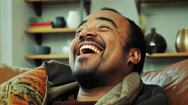 A man reclines on a leather couch, head tilted back, mouth open in  uproarious laughter