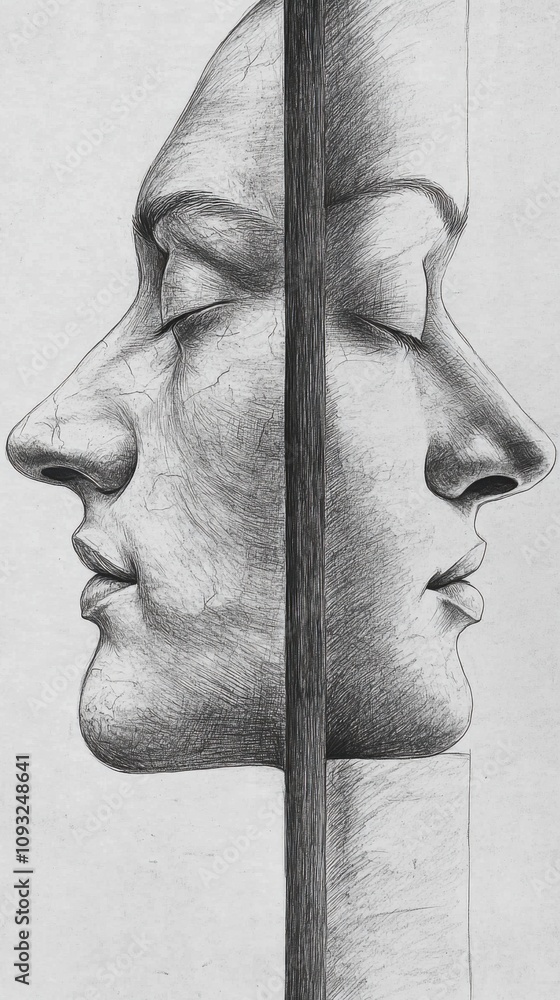 Poster Intricate Black and White Sketch of Two Profiles with Soft Expressions Featuring a Vertical Split in the Middle, Creative Artistic Exploration of Facial Features and Emotions