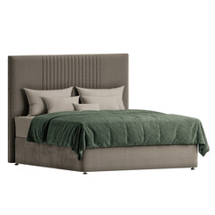 A bed with a green comforter and pillows