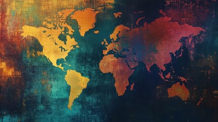 An artistic representation of a world map showcasing vibrant colors and abstract textures, perfect for backgrounds or design projects.