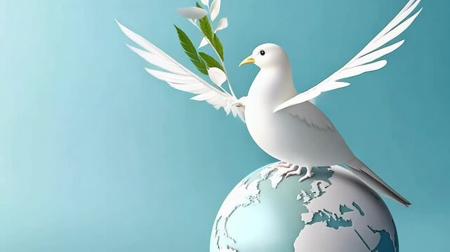Minimalist rendering of a white dove carrying an olive branch while standing on planet earth, symbolizing peace and harmony. .International Day of Peace. Banner. Copy space