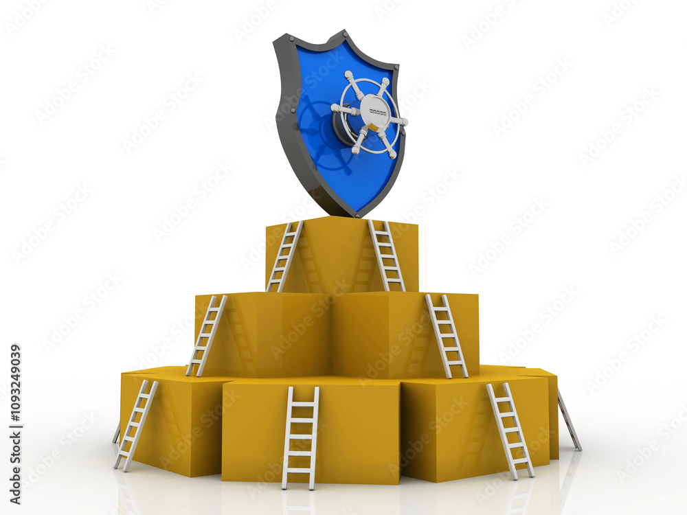 Poster 3d rendering cardboard boxes with shield