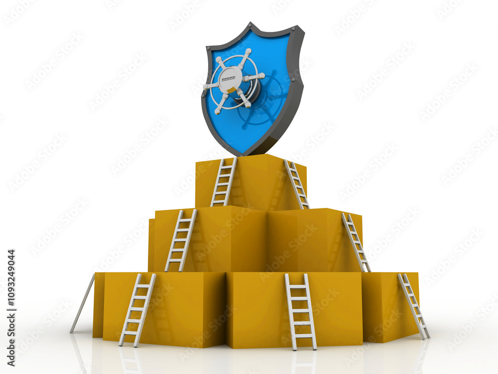 Poster 3d rendering cardboard boxes with shield