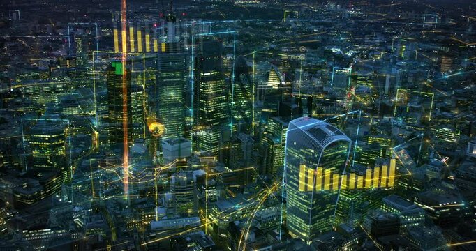
Futuristic Aerial Skyline Of London With Stock Exchange Figures. Augmented Reality Elements With Financial Charts And Data. Representing Concepts As Big Data, Artificial Intelligence, IOT.