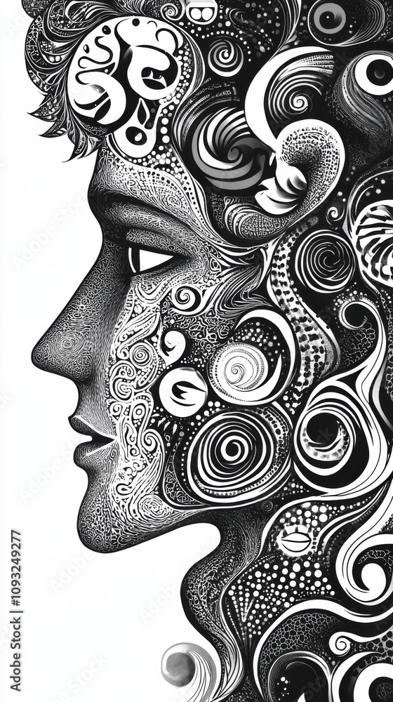 Poster abstract black and white portrait of a woman with intricate swirls and patterns representing emotion