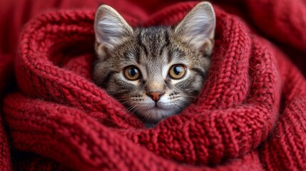 Adorable kitten wrapped in a cozy red blanket