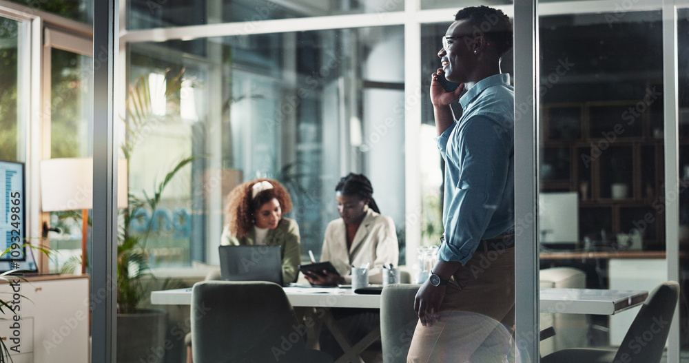 Poster business man, phone call and happy at startup, boardroom and contact for networking with deal at com