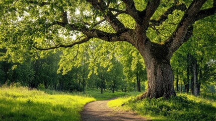 Majestic Oak Tree in a Lush Green Forest Path