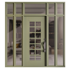 A green door with a window in the middle