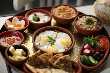 A traditional Lebanese breakfast spread featuring fried eggs, zaatar, hummus, labneh, butter, apricot jam, fresh vegetables, olives, and Lebanese bread, beautifully arranged on a rustic tray.
