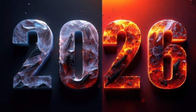 A close up of a fire and ice text that reads 2026