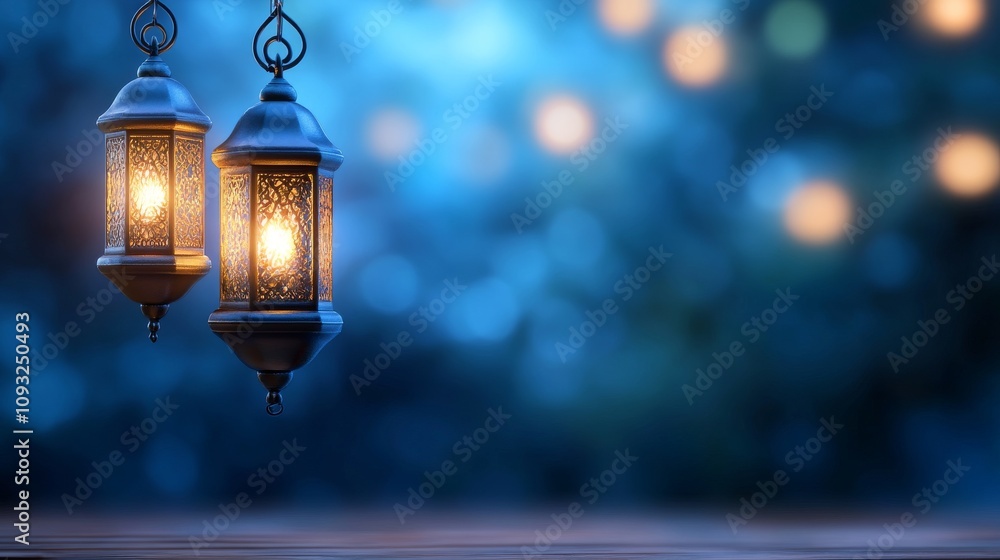 Poster elegant lanterns glowing in the night with a soft blue background for a calming and mystical atmosph