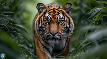 Fototapeta premium A close-up of a tiger walking through lush greenery, showcasing its majestic features.