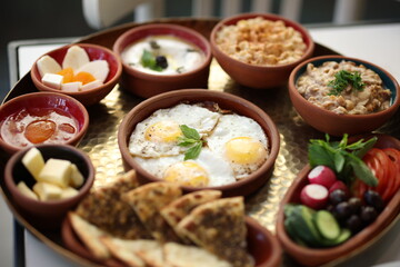 A traditional Lebanese breakfast spread featuring fried eggs, zaatar, hummus, labneh, butter, apricot jam, fresh vegetables, olives, and Lebanese bread, beautifully arranged on a rustic tray.