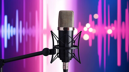 Professional Microphone on Stand with Vibrant Audio Visuals
