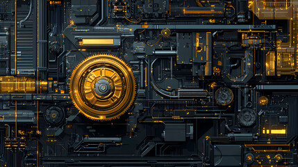 Fototapeta premium Intricate steampunk gear mechanism with golden components and detailed mechanical design in an industrial scene. Mechanical Gear Mechanism. Illustration
