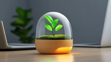 Contemporary Indoor Mini Garden in Glass Dome with Green Leaves and Bright Base, Perfect for Modern Home Office Decor and A Touch of Nature
