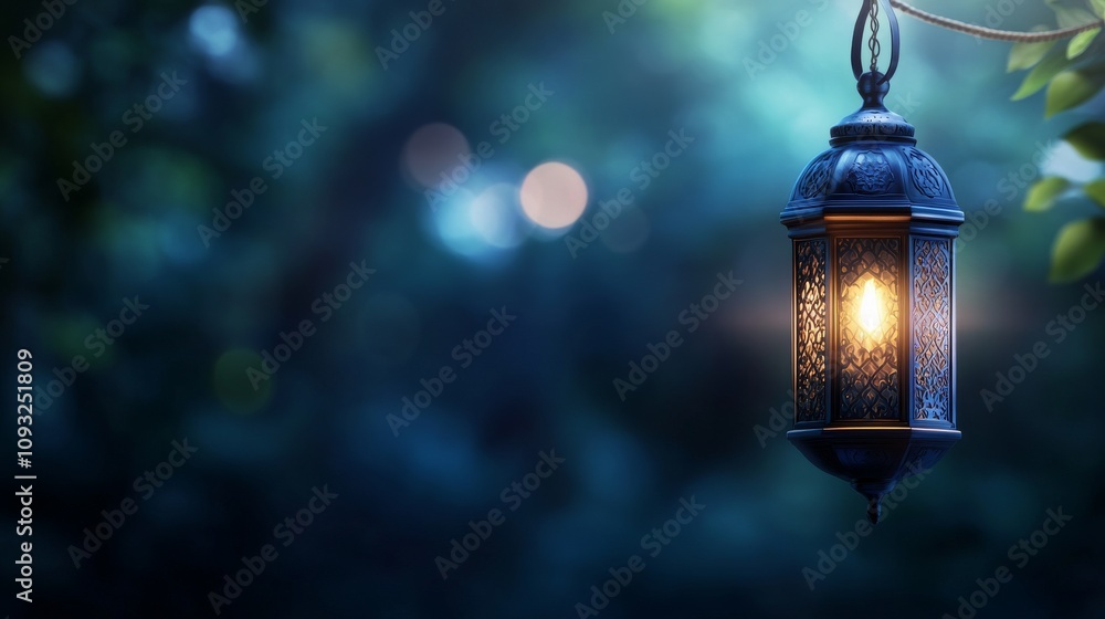Poster softly glowing lantern in a serene natural setting illuminating the surrounding area with warm light