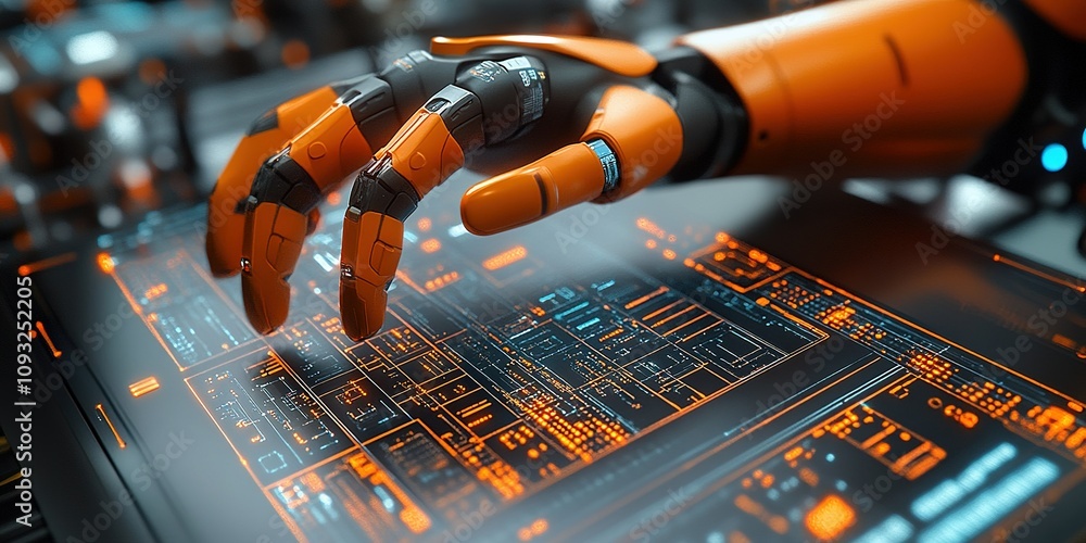 Poster robotic hand interacting with futuristic touchscreen interface in a high-tech laboratory setting