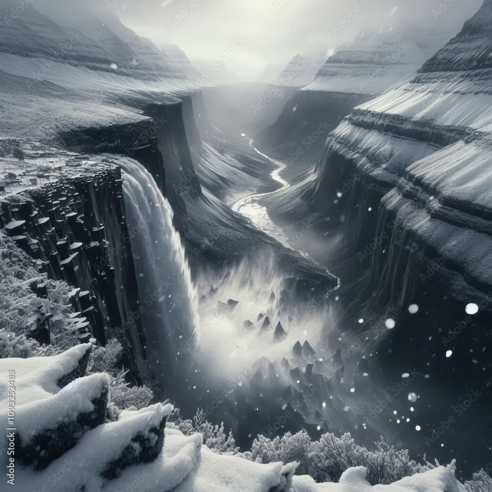 Poster snow from a cliff edge snow falling from the edge of a cliff