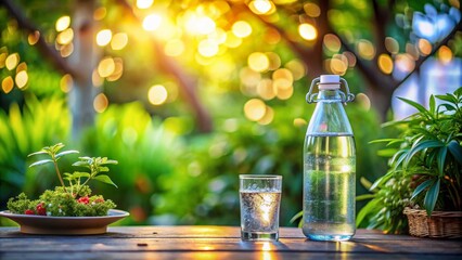 Refreshing and Hydrating Drink: A Water Bottle with a Glass on a Garden Table Surrounded by Lush Greenery and Soft Bokeh Effects for a Tranquil Outdoor Setting