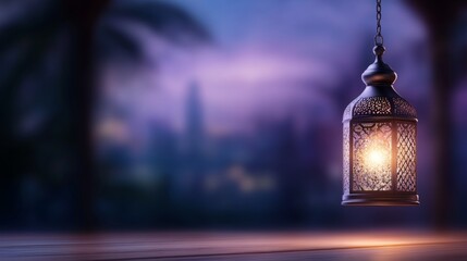 Obraz premium Elegant Vintage Lantern Hanging in Soft Purple Light with Blurred Cityscape Background Creating a Dreamy Atmosphere for Romantic and Cozy Ambiance