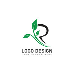 letter R logo with green leaves  nature logo icon design template