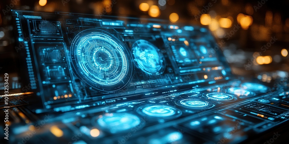 Poster futuristic digital control panel displaying advanced technological interfaces and glowing lights in 