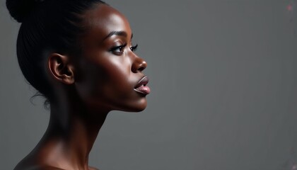 Fototapeta premium Profile portrait of young woman with serene expression on gray background for beauty concept