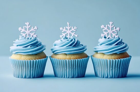 Three cupcakes with blue frosting and snowflake toppers on a light blue background