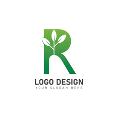 letter R logo with green leaves  nature logo icon design template