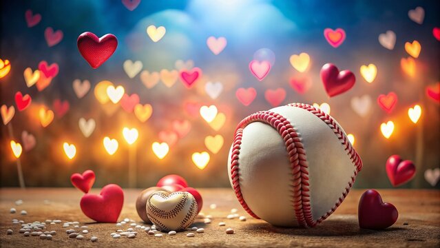 Romantic Baseball Heart Theme for Valentine's Day with a Baseball and Heart-Shaped Elements on the Left, Perfect for Love-Themed Sports Promotions and Celebrations