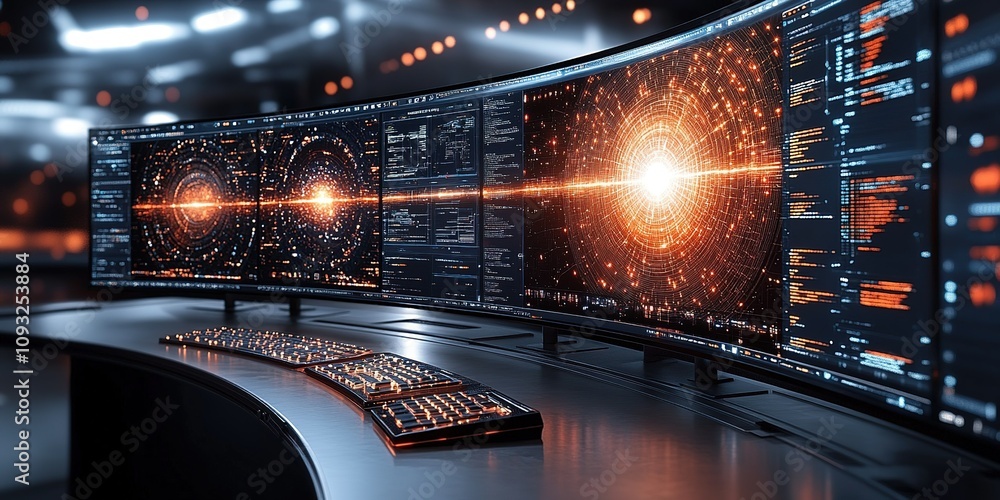 Poster high-tech workstation featuring multiple curved monitors displaying data analysis in a futuristic en
