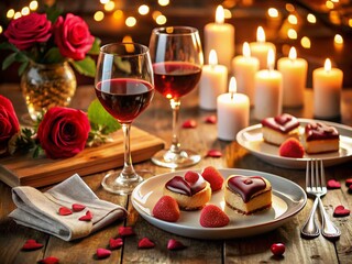 Romantic Dinner Setting with Heart-Shaped Desserts, Candles, and Wine Glasses for Celebrating Love and Togetherness in an Intimate Atmosphere