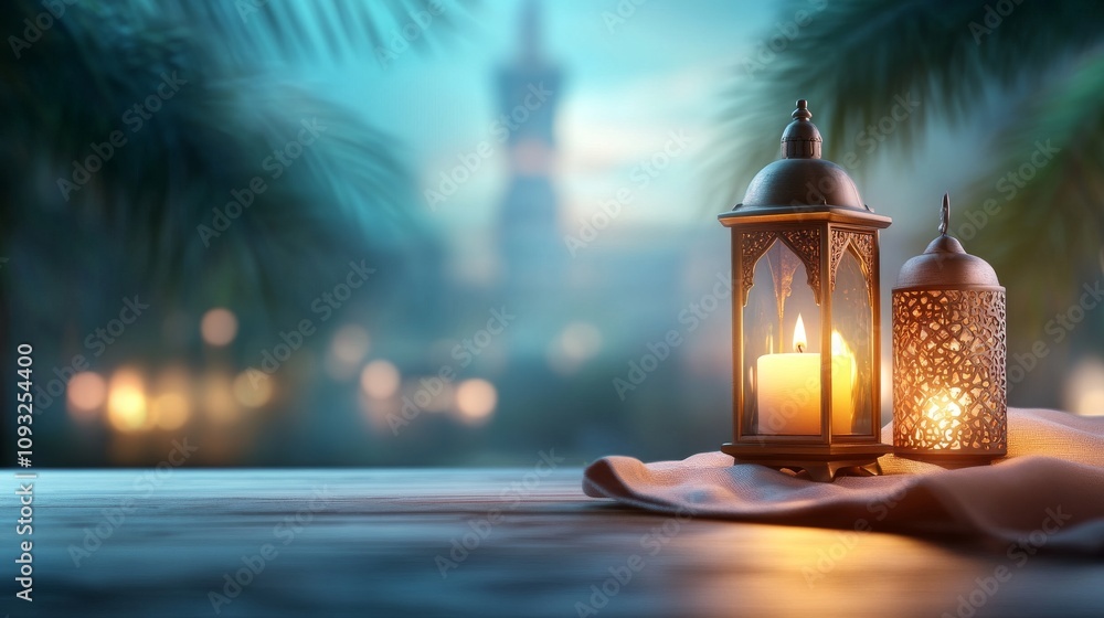 Poster elegant lanterns with candles on a wooden table surrounded by lush plants in a dreamy evening settin