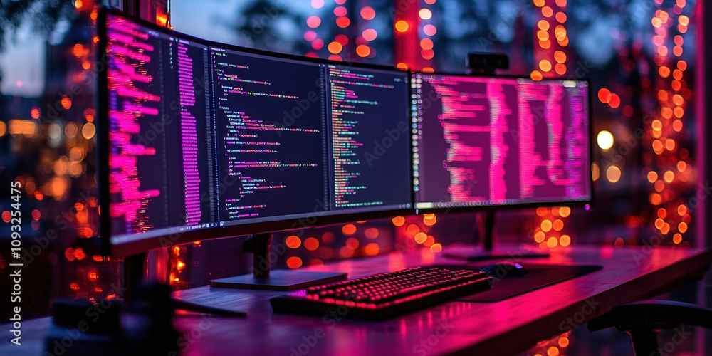 Poster colorful coding workspace with dual monitors illuminated by festive lights at dusk
