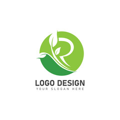 letter R logo with green leaves  nature logo icon design template