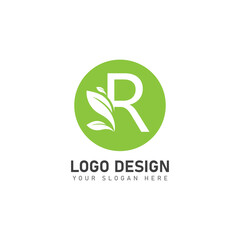 letter R logo with green leaves  nature logo icon design template