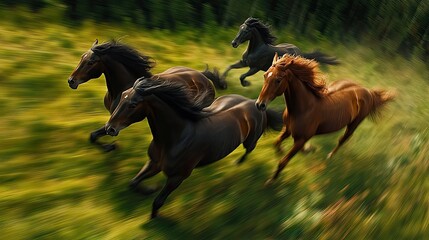 
Carrera de Caballos en una Pista de Tierra: Varios caballos galopan a gran velocidad, con los jinetes inclinados hacia adelante, mientras la tierra se levanta detrás de ellos