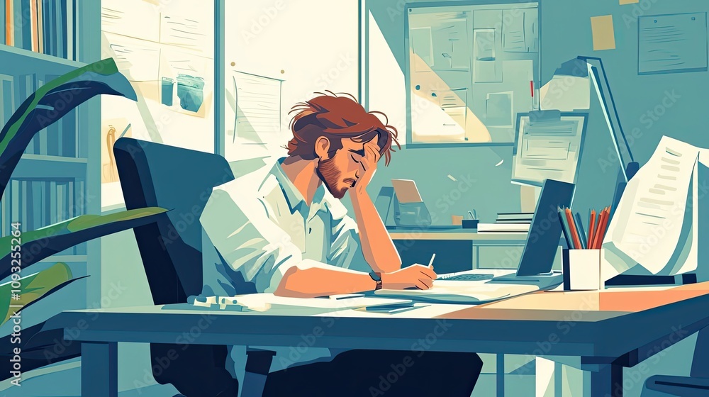 Poster exhausted man working at a desk with papers and a computer