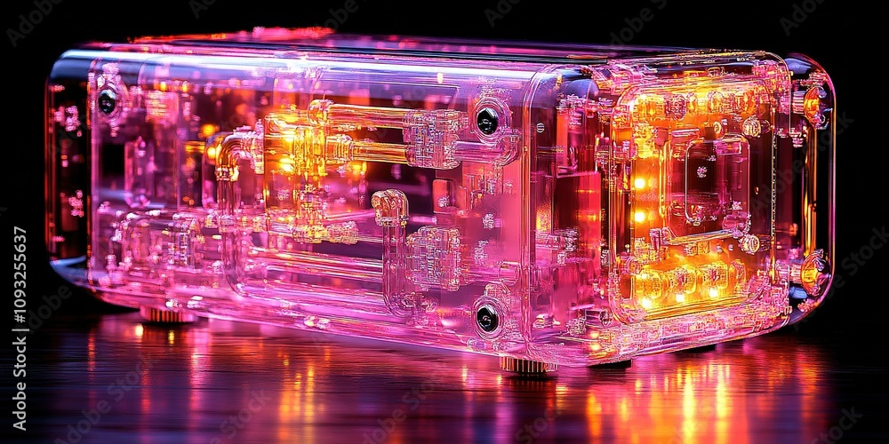 Poster unique illuminated transparent device with vibrant led lights showcasing intricate design features