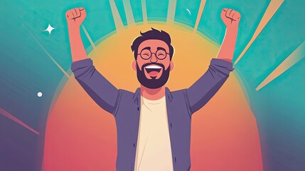Joyful Man with Beard and Glasses Celebrating Success