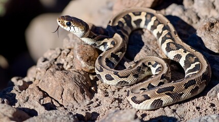 Naklejka premium A brown and black snake rests on rocks, its tongue flicking.