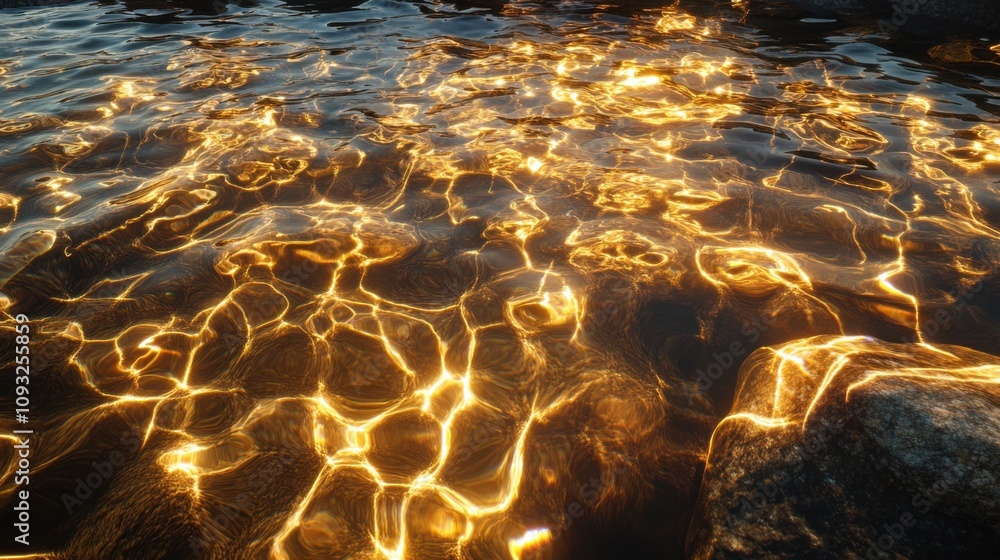 Poster Captivating Reflection of Sunlight on Water Surface Creating Beautiful Patterns and Sparkling Effect in Nature's Tranquil Setting for Peaceful Ambience