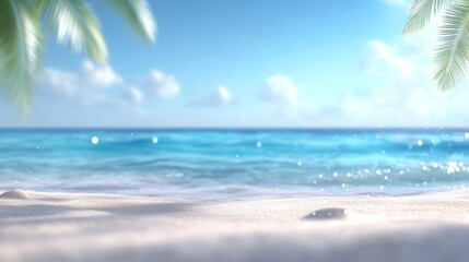 Fototapeta premium Serene Coastal View with Gentle Waves and Soft Sand Under Vibrant Blue Sky Framed by Lush Green Palm Leaves Creating a Tropical Paradise Atmosphere